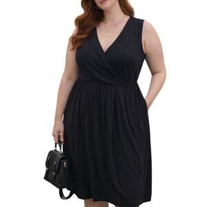 Maggie Barnes Wrap V-Neck Sleeveless Dress Size 4X Black Stretch Classic Resort